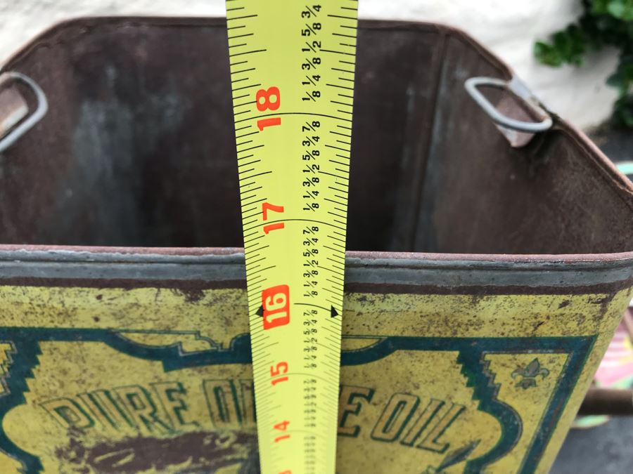 JUST ADDED - Large Vintage Olive Oil Tin Litho 10W X 10D X 16H And Handmade Watering Can 11H [Photo 10]