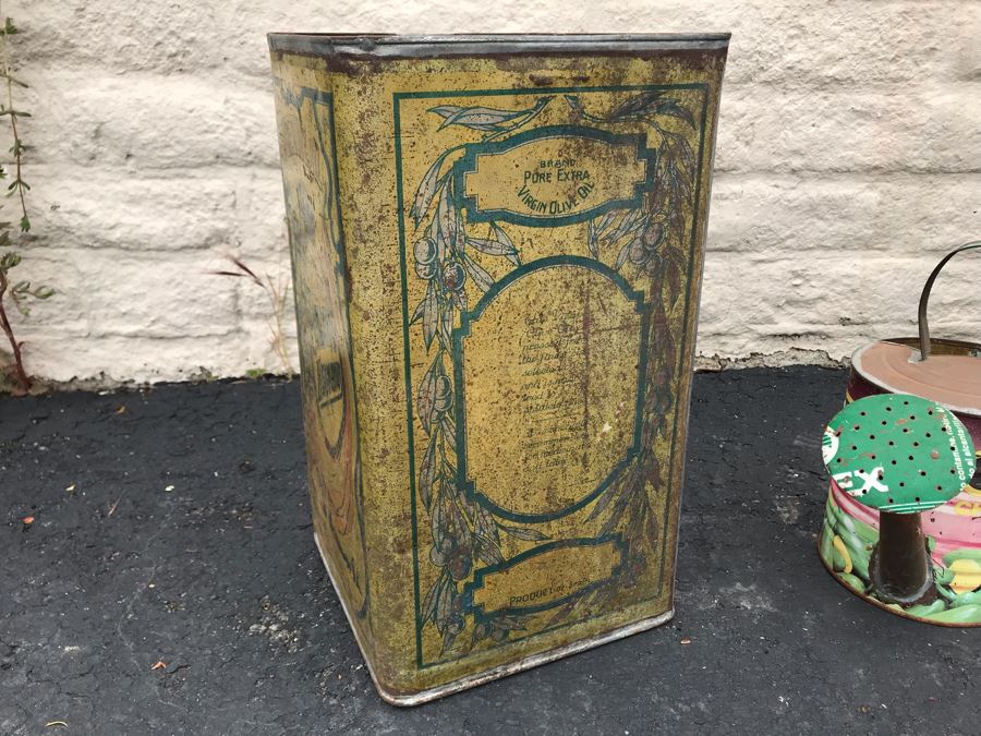JUST ADDED - Large Vintage Olive Oil Tin Litho 10W X 10D X 16H And Handmade Watering Can 11H [Photo 6]