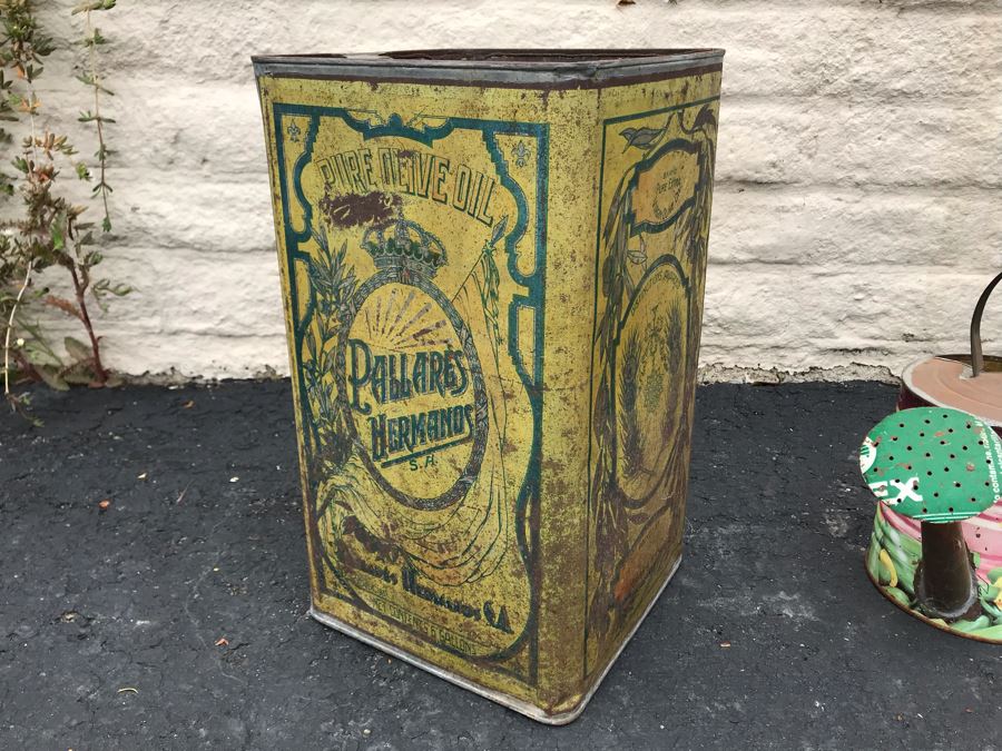 JUST ADDED - Large Vintage Olive Oil Tin Litho 10W X 10D X 16H And Handmade Watering Can 11H [Photo 7]