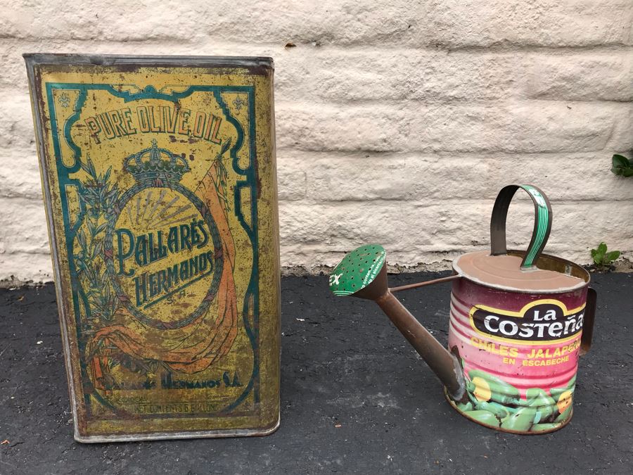 JUST ADDED - Large Vintage Olive Oil Tin Litho 10W X 10D X 16H And Handmade Watering Can 11H