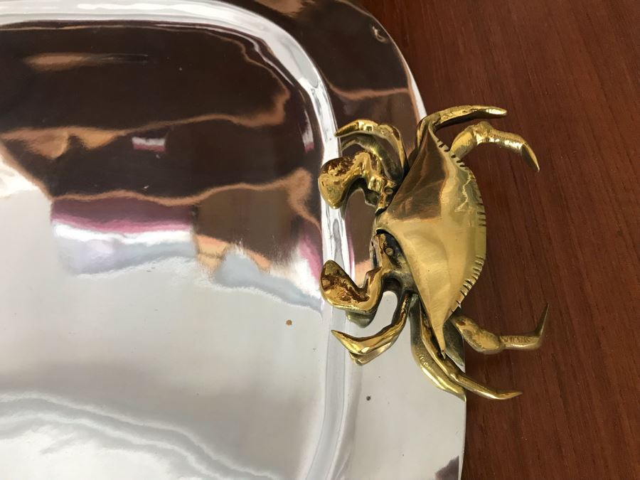 JUST ADDED - Metal Serving Tray With Crab Motif Brass Handles 24 X 16 [Photo 3]