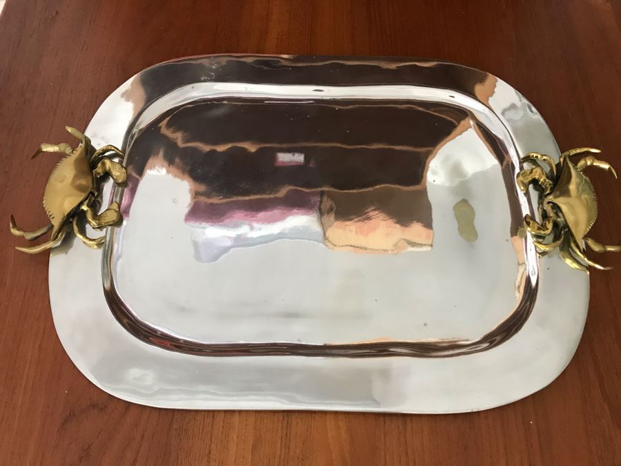 JUST ADDED - Metal Serving Tray With Crab Motif Brass Handles 24 X 16 [Photo 2]