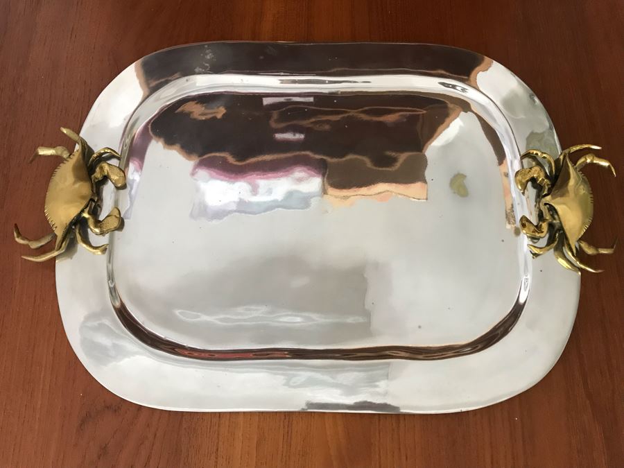 JUST ADDED - Metal Serving Tray With Crab Motif Brass Handles 24 X 16