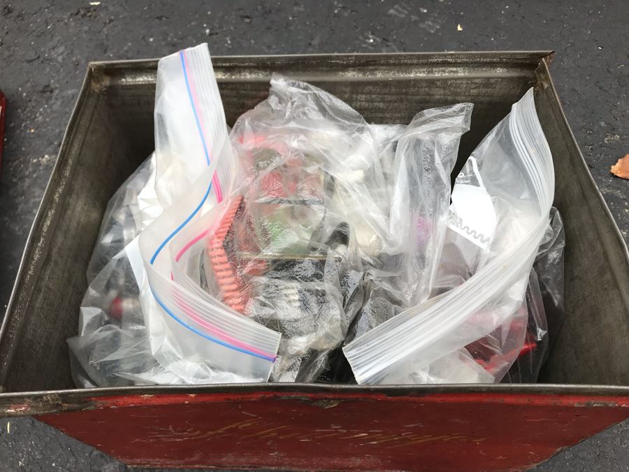 JUST ADDED - Old Painted Metal Tin Filled With Various Cookie Cutters 13W X 9.5D X 10.5H - See Photos [Photo 2]