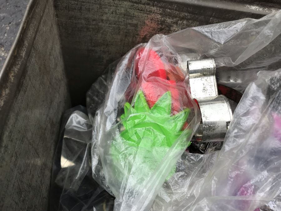 JUST ADDED - Old Painted Metal Tin Filled With Various Cookie Cutters 13W X 9.5D X 10.5H - See Photos [Photo 9]