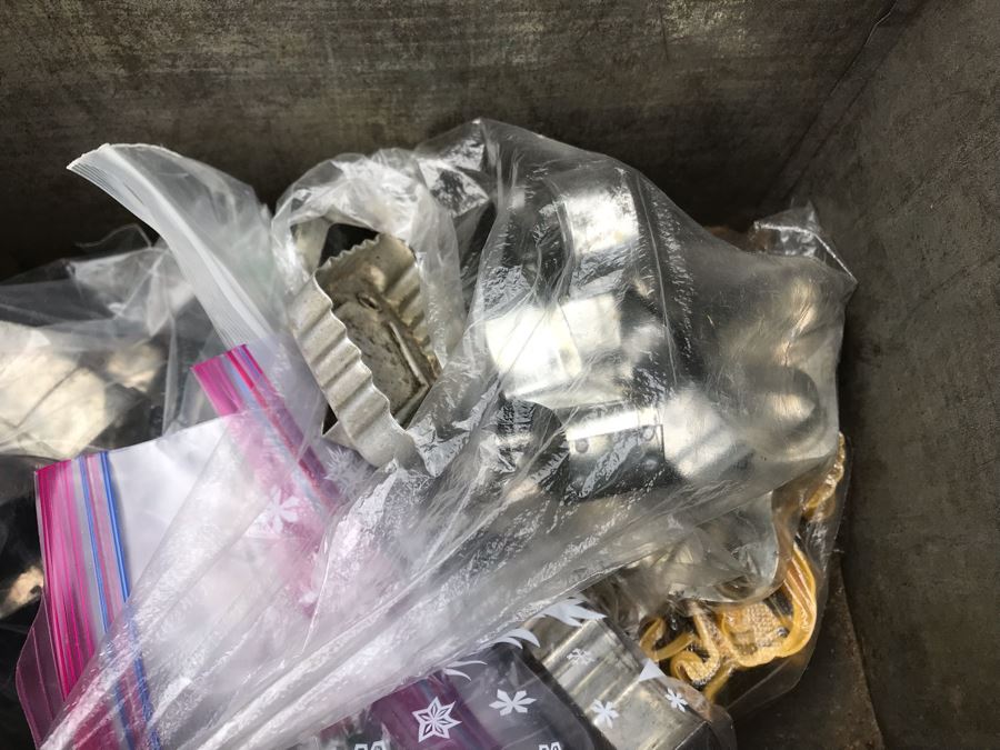 JUST ADDED - Old Painted Metal Tin Filled With Various Cookie Cutters 13W X 9.5D X 10.5H - See Photos [Photo 10]