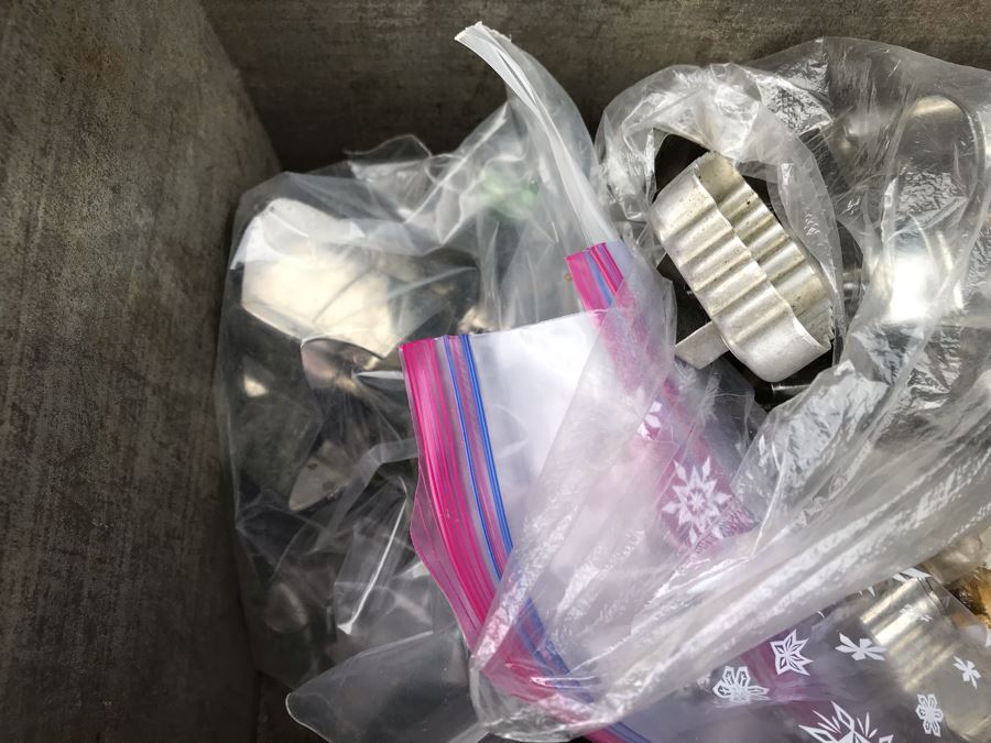 JUST ADDED - Old Painted Metal Tin Filled With Various Cookie Cutters 13W X 9.5D X 10.5H - See Photos [Photo 11]