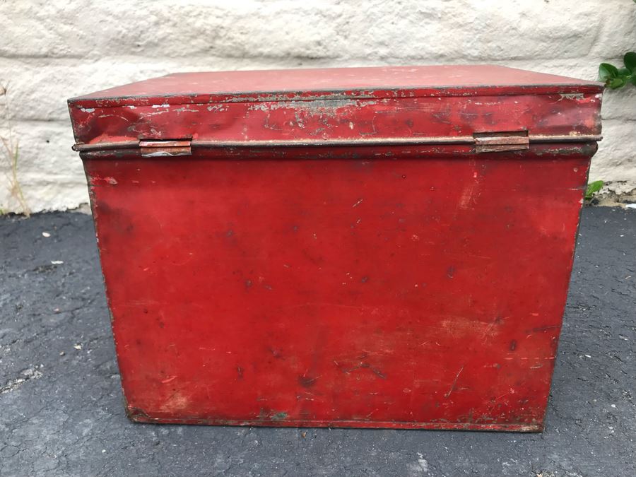 JUST ADDED - Old Painted Metal Tin Filled With Various Cookie Cutters 13W X 9.5D X 10.5H - See Photos [Photo 5]