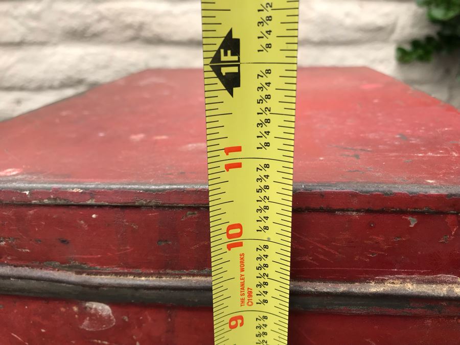 JUST ADDED - Old Painted Metal Tin Filled With Various Cookie Cutters 13W X 9.5D X 10.5H - See Photos [Photo 15]