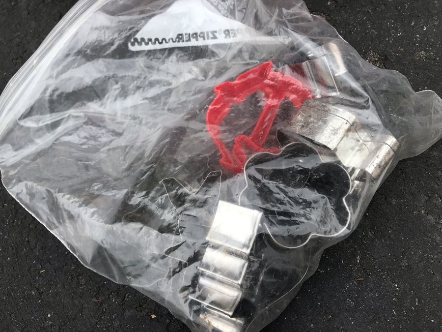 JUST ADDED - Old Painted Metal Tin Filled With Various Cookie Cutters 13W X 9.5D X 10.5H - See Photos [Photo 6]