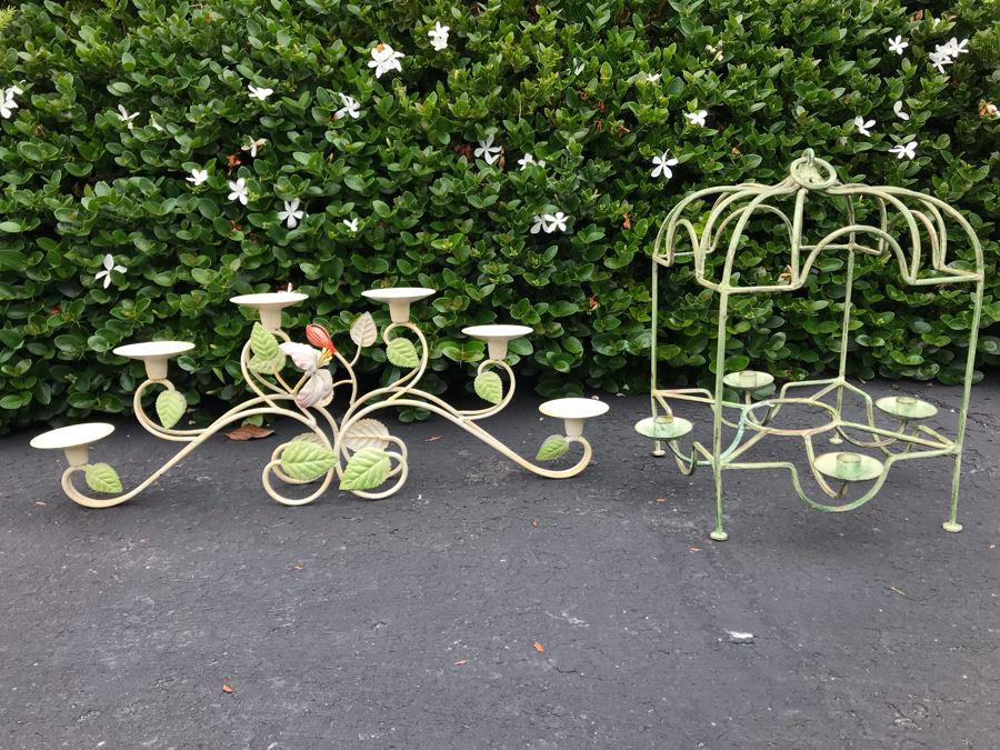 JUST ADDED - Metal Floral Motif Candelabra 29W X 10H And Metal Hanging Candle Holder 14W X 16H [Photo 2]