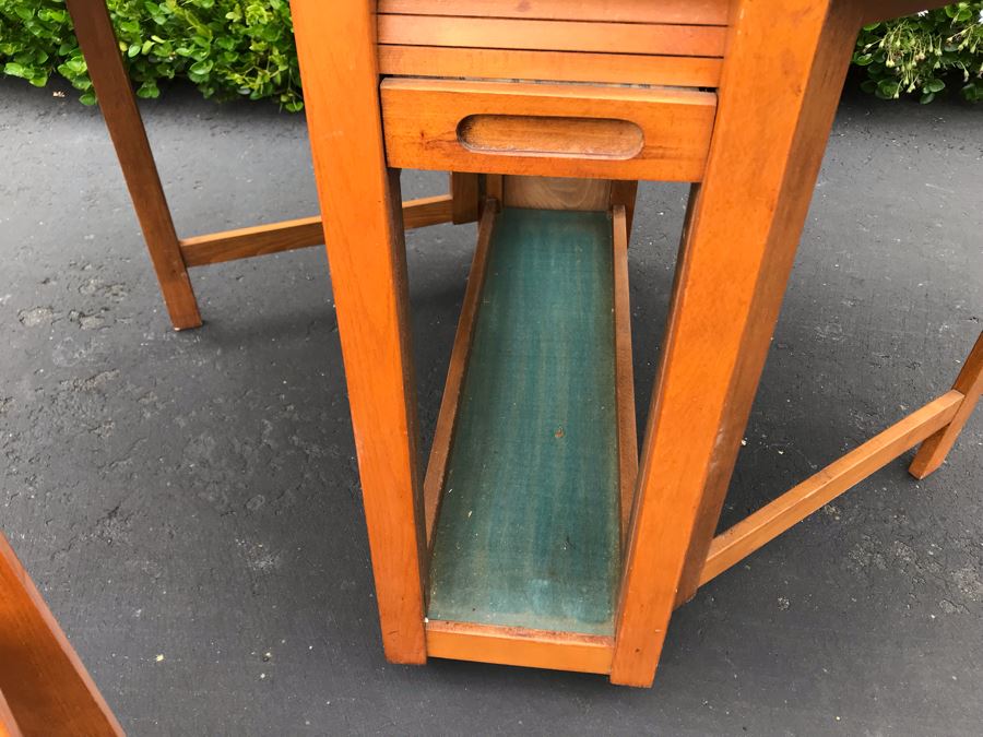 JUST ADDED - Mid-Century Danish Modern Drop-Leaf Dining Table With (4) Folding Chairs That Store Behind Accordion Door Made In Romania 62W Extended (12.5W Unextended) X 34D X 29H [Photo 15]