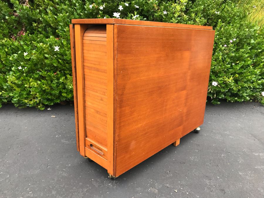 JUST ADDED - Mid-Century Danish Modern Drop-Leaf Dining Table With (4) Folding Chairs That Store Behind Accordion Door Made In Romania 62W Extended (12.5W Unextended) X 34D X 29H [Photo 4]
