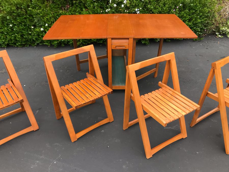 JUST ADDED - Mid-Century Danish Modern Drop-Leaf Dining Table With (4) Folding Chairs That Store Behind Accordion Door Made In Romania 62W Extended (12.5W Unextended) X 34D X 29H [Photo 12]