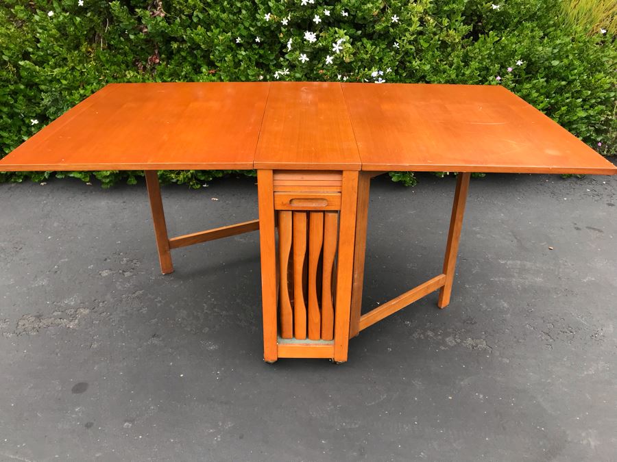 JUST ADDED - Mid-Century Danish Modern Drop-Leaf Dining Table With (4) Folding Chairs That Store Behind Accordion Door Made In Romania 62W Extended (12.5W Unextended) X 34D X 29H