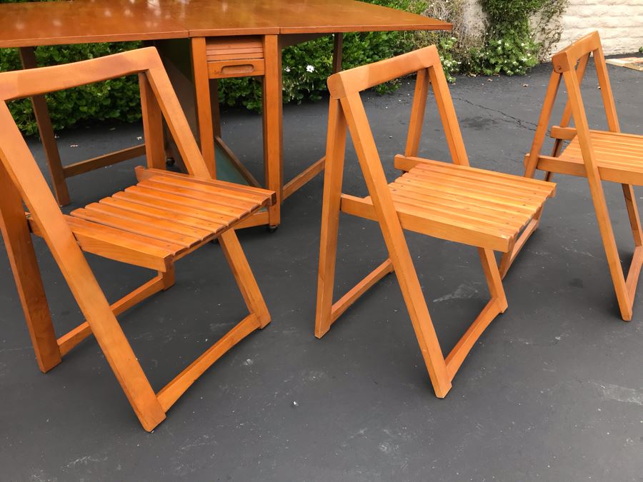 JUST ADDED - Mid-Century Danish Modern Drop-Leaf Dining Table With (4) Folding Chairs That Store Behind Accordion Door Made In Romania 62W Extended (12.5W Unextended) X 34D X 29H [Photo 13]