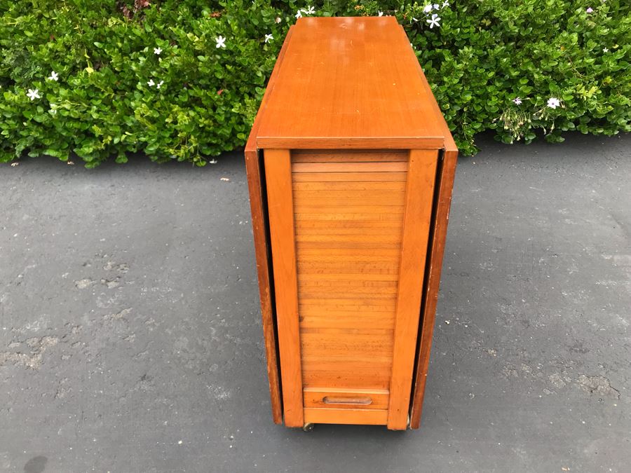 JUST ADDED - Mid-Century Danish Modern Drop-Leaf Dining Table With (4) Folding Chairs That Store Behind Accordion Door Made In Romania 62W Extended (12.5W Unextended) X 34D X 29H [Photo 23]