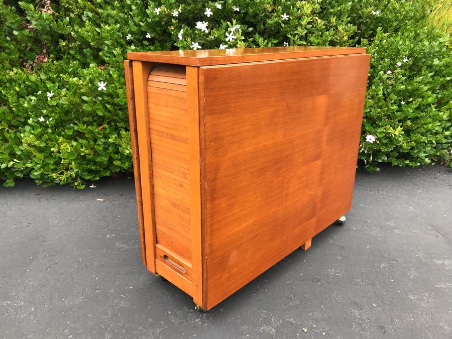 JUST ADDED - Mid-Century Danish Modern Drop-Leaf Dining Table With (4) Folding Chairs That Store Behind Accordion Door Made In Romania 62W Extended (12.5W Unextended) X 34D X 29H [Photo 20]