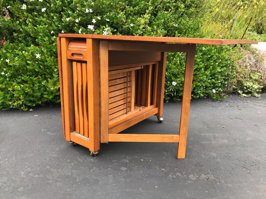 JUST ADDED - Mid-Century Danish Modern Drop-Leaf Dining Table With (4) Folding Chairs That Store Behind Accordion Door Made In Romania 62W Extended (12.5W Unextended) X 34D X 29H [Photo 22]