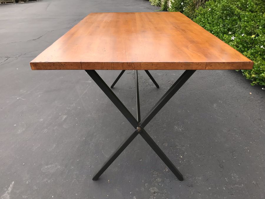 JUST ADDED - Industrial Style Metal Base Table With Wooden Top (Top Of Table Removable - Base Fits Into Holes Underneath Table - See Photos) 54W X 32D X 28.5H [Photo 6]