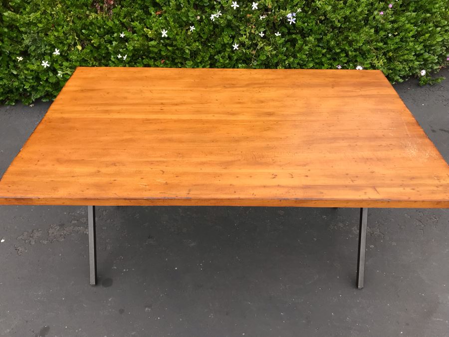 JUST ADDED - Industrial Style Metal Base Table With Wooden Top (Top Of Table Removable - Base Fits Into Holes Underneath Table - See Photos) 54W X 32D X 28.5H [Photo 5]