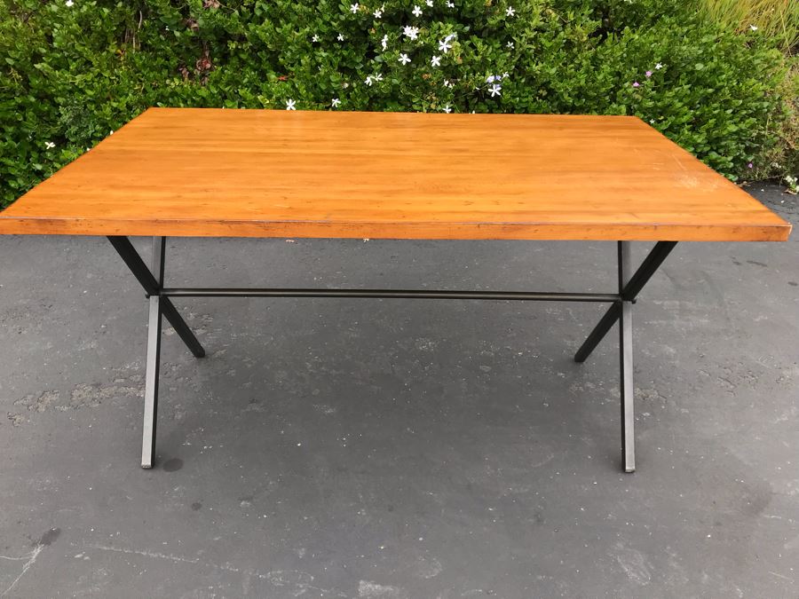 JUST ADDED - Industrial Style Metal Base Table With Wooden Top (Top Of Table Removable - Base Fits Into Holes Underneath Table - See Photos) 54W X 32D X 28.5H [Photo 2]