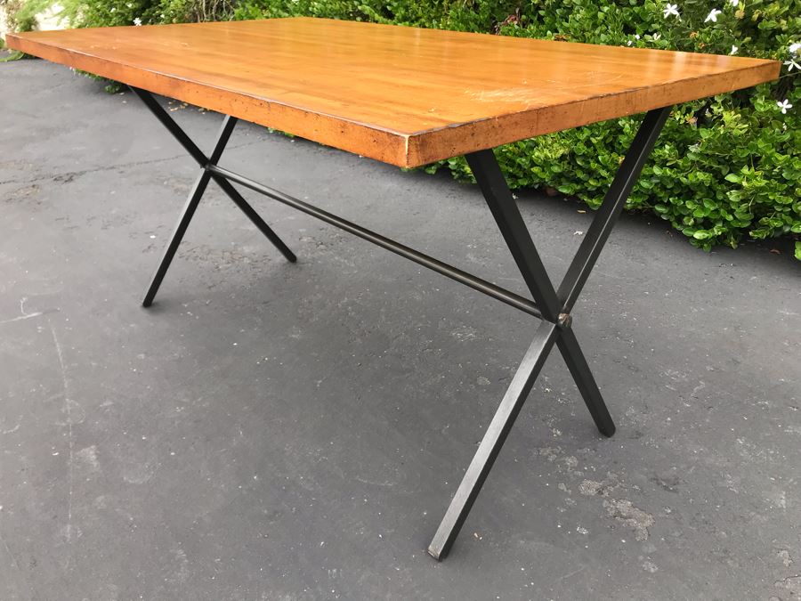 JUST ADDED - Industrial Style Metal Base Table With Wooden Top (Top Of Table Removable - Base Fits Into Holes Underneath Table - See Photos) 54W X 32D X 28.5H [Photo 1]