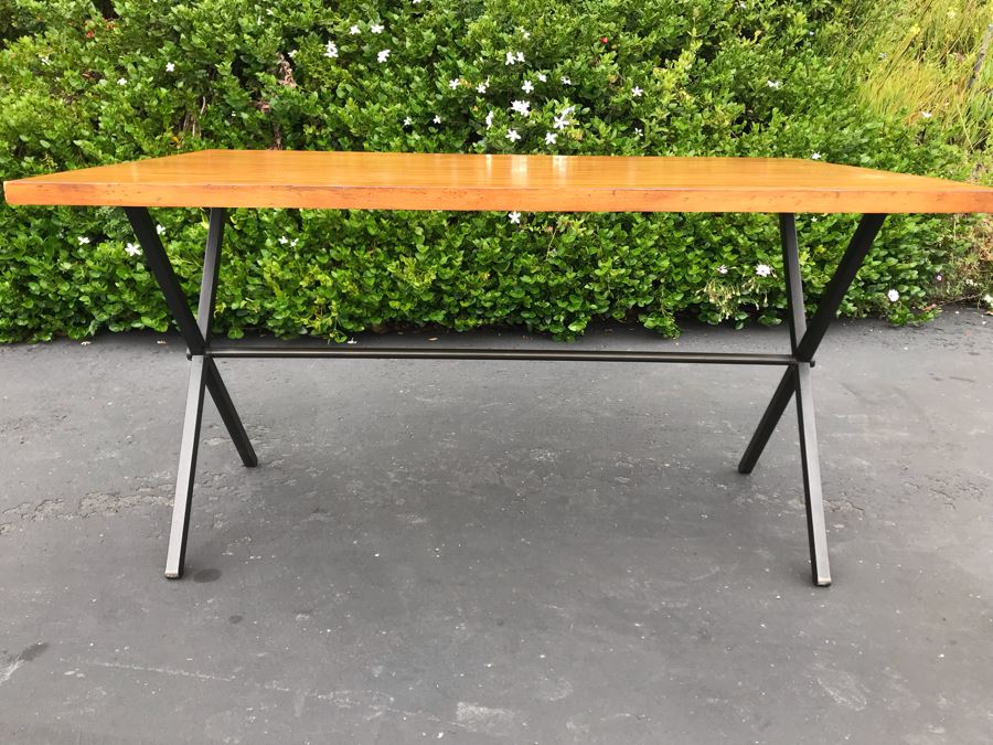 JUST ADDED - Industrial Style Metal Base Table With Wooden Top (Top Of Table Removable - Base Fits Into Holes Underneath Table - See Photos) 54W X 32D X 28.5H [Photo 3]