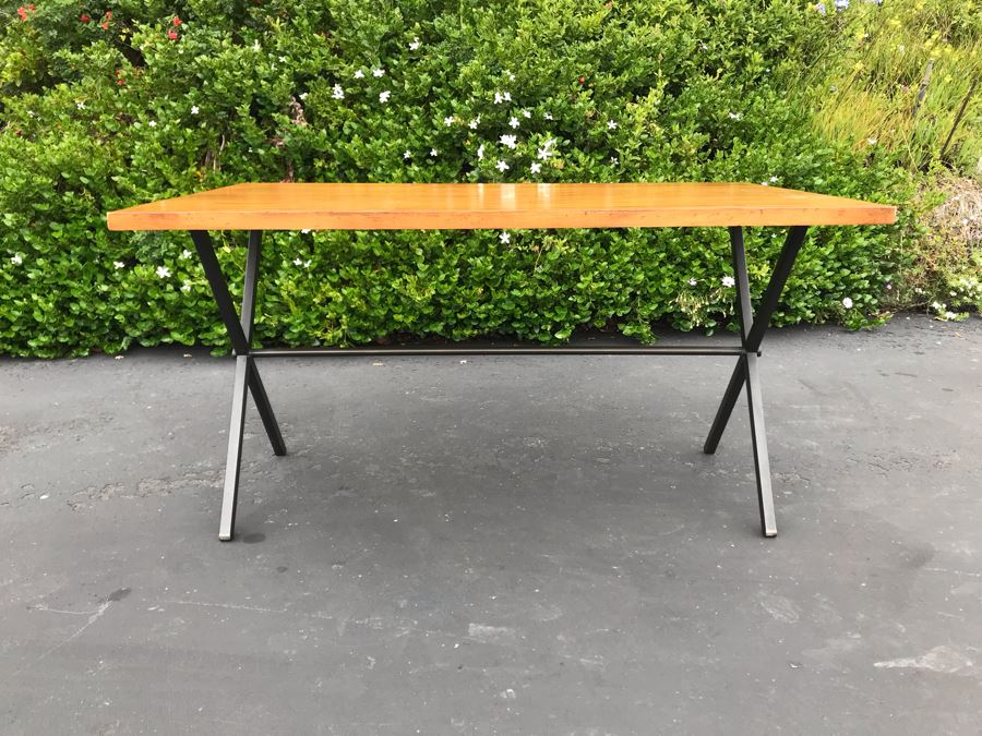 JUST ADDED - Industrial Style Metal Base Table With Wooden Top (Top Of Table Removable - Base Fits Into Holes Underneath Table - See Photos) 54W X 32D X 28.5H [Photo 4]