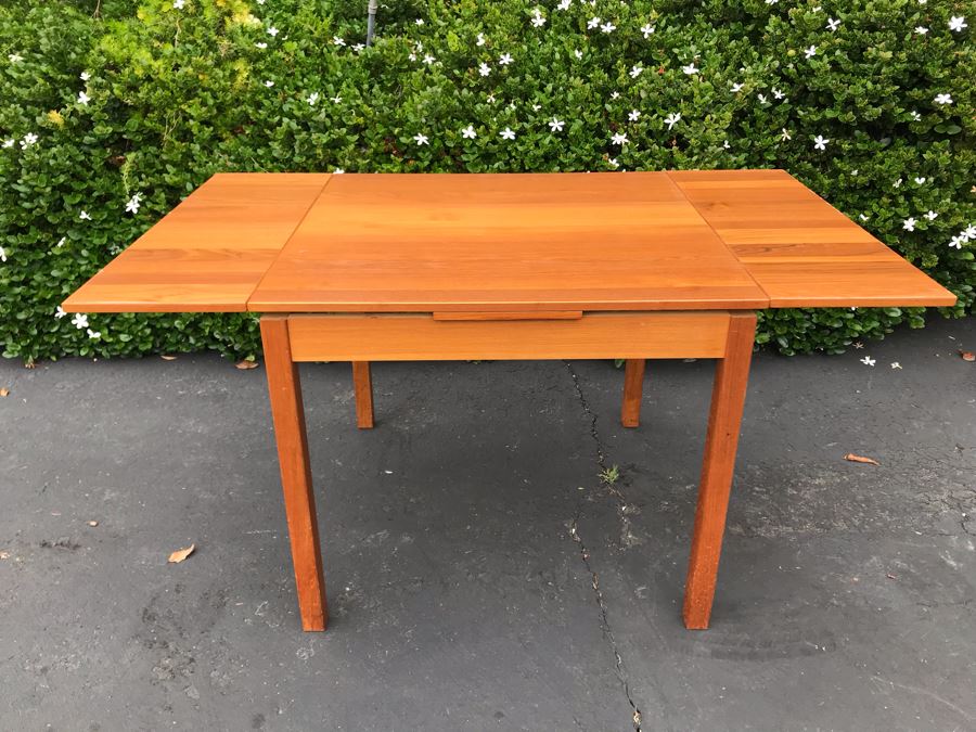 JUST ADDED - Ansager Mobler Danish Modern Teak Table With Built-In Leaves Made In Denmark Anaager Mobler 57W Extended / 33.5W Unextended X 33.5D X 29H