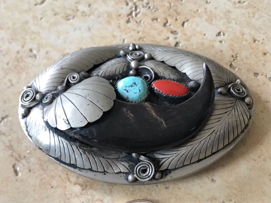 JUST ADDED - Stunning Signed Sterling Silver, Turquoise, Coral, Bear Claw Belt Buckle 75.3g [Photo 7]