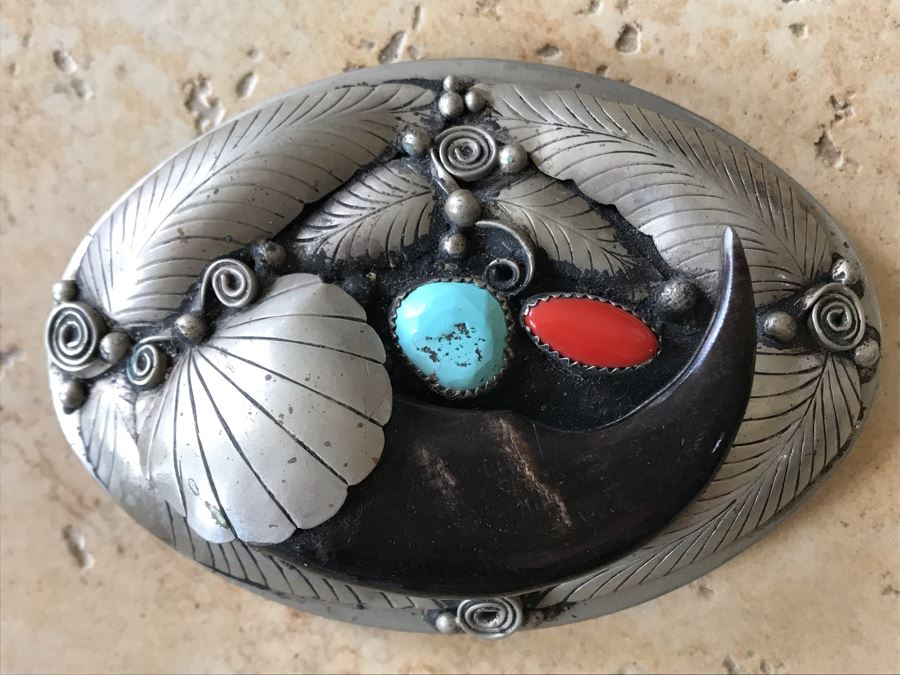 JUST ADDED - Stunning Signed Sterling Silver, Turquoise, Coral, Bear Claw Belt Buckle 75.3g [Photo 1]