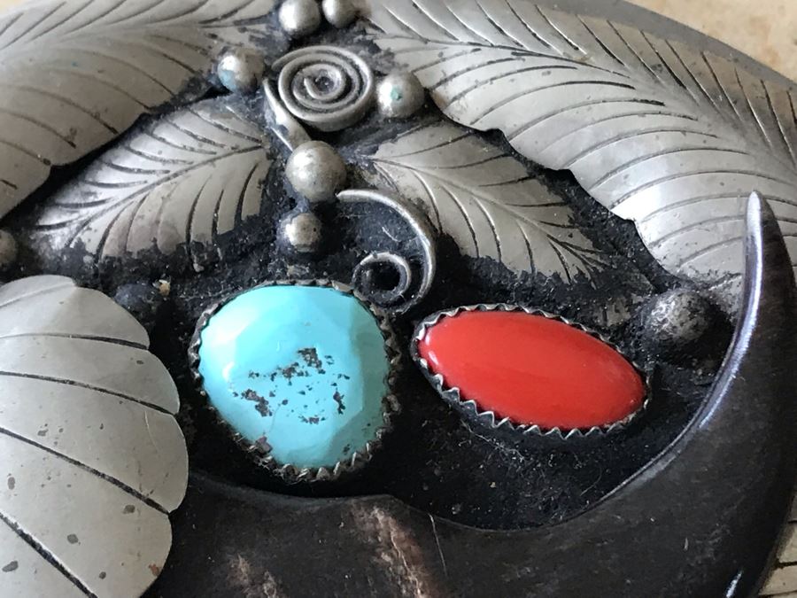 JUST ADDED - Stunning Signed Sterling Silver, Turquoise, Coral, Bear Claw Belt Buckle 75.3g [Photo 8]