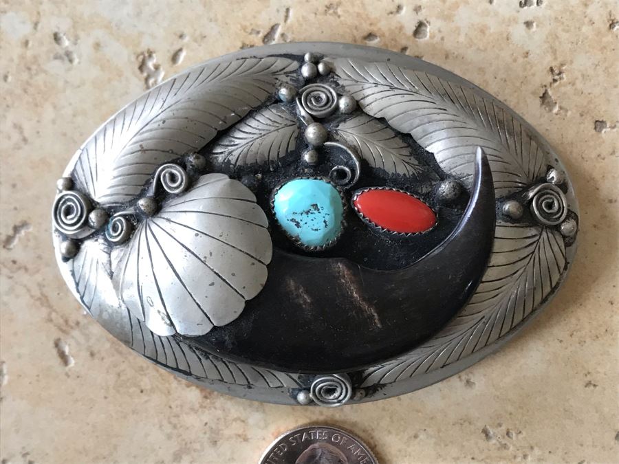 JUST ADDED - Stunning Signed Sterling Silver, Turquoise, Coral, Bear Claw Belt Buckle 75.3g [Photo 6]