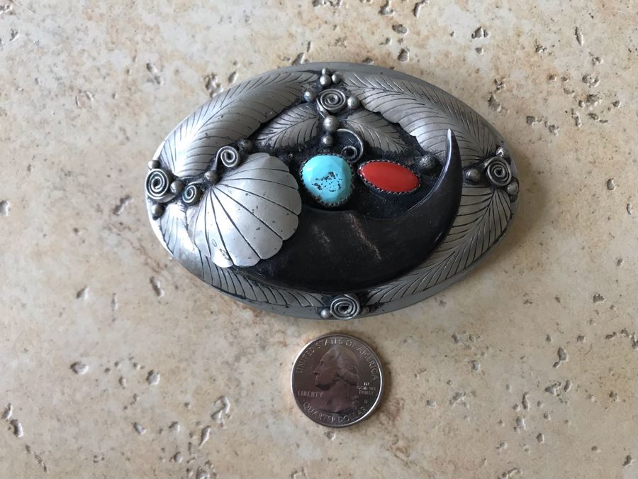 JUST ADDED - Stunning Signed Sterling Silver, Turquoise, Coral, Bear Claw Belt Buckle 75.3g [Photo 5]