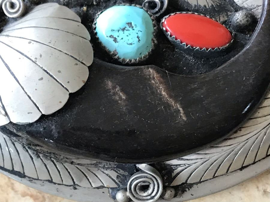 JUST ADDED - Stunning Signed Sterling Silver, Turquoise, Coral, Bear Claw Belt Buckle 75.3g [Photo 9]