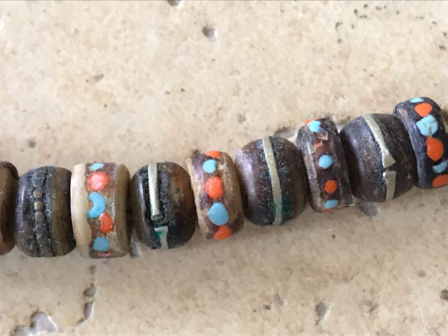 JUST ADDED - Vintage Inlaid Yak Bone Mala Necklace With Inlaid Turquoise And Coral [Photo 3]