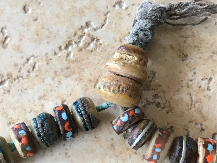 JUST ADDED - Vintage Inlaid Yak Bone Mala Necklace With Inlaid Turquoise And Coral [Photo 5]