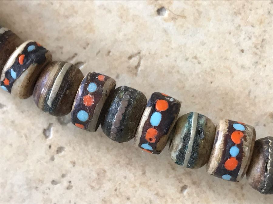 JUST ADDED - Vintage Inlaid Yak Bone Mala Necklace With Inlaid Turquoise And Coral [Photo 4]