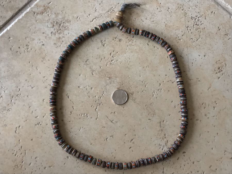 JUST ADDED - Vintage Inlaid Yak Bone Mala Necklace With Inlaid Turquoise And Coral [Photo 2]