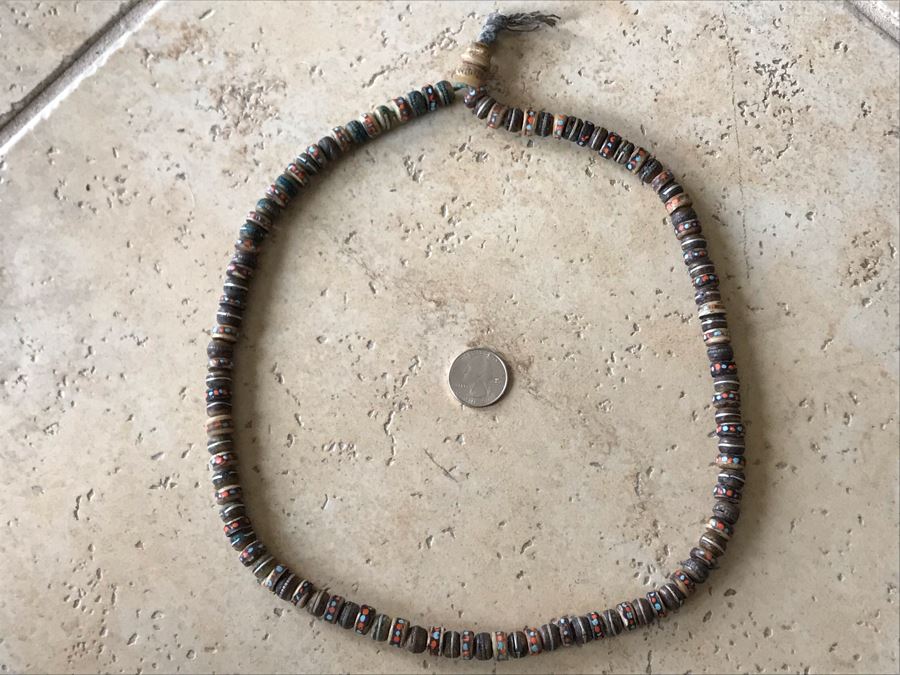 JUST ADDED - Vintage Inlaid Yak Bone Mala Necklace With Inlaid Turquoise And Coral