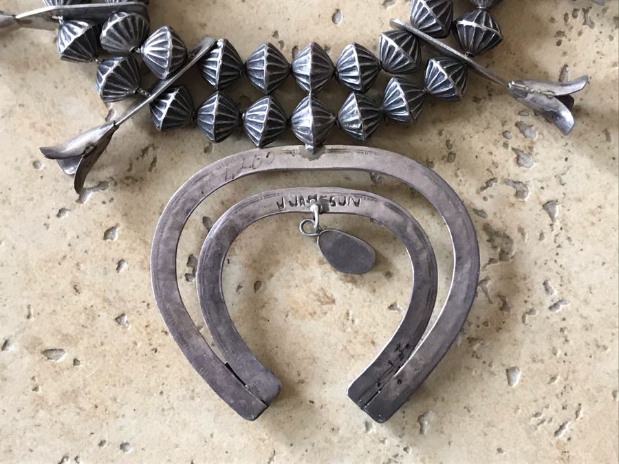 JUST ADDED - Signed Native American Squash Blossom Necklace With Turquoise By J. Jameson 145g [Photo 9]