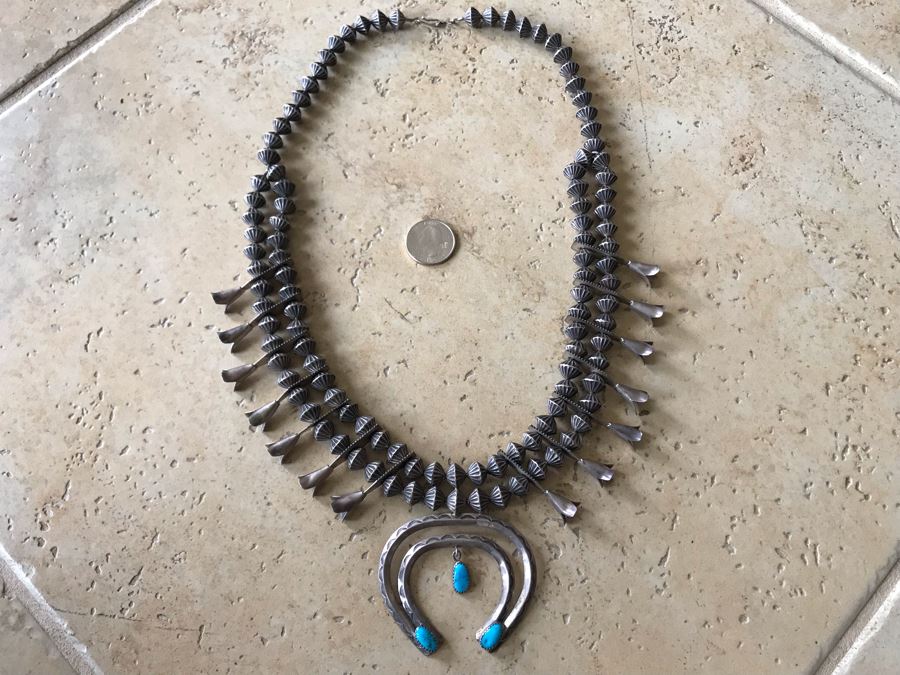 JUST ADDED - Signed Native American Squash Blossom Necklace With Turquoise By J. Jameson 145g [Photo 6]