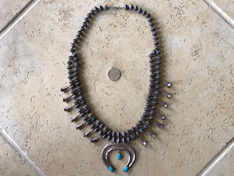 JUST ADDED - Signed Native American Squash Blossom Necklace With Turquoise By J. Jameson 145g [Photo 5]