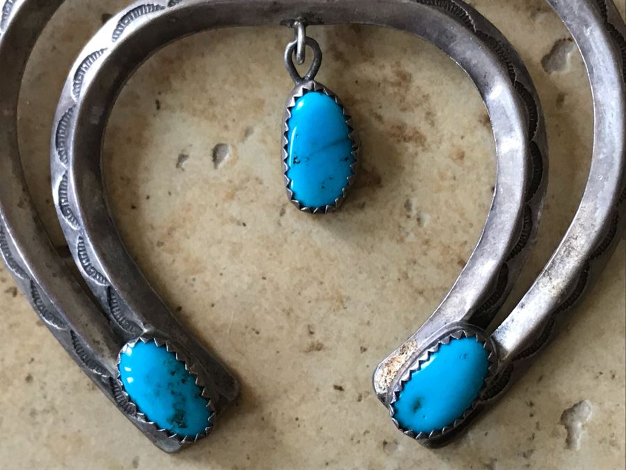 JUST ADDED - Signed Native American Squash Blossom Necklace With Turquoise By J. Jameson 145g [Photo 7]