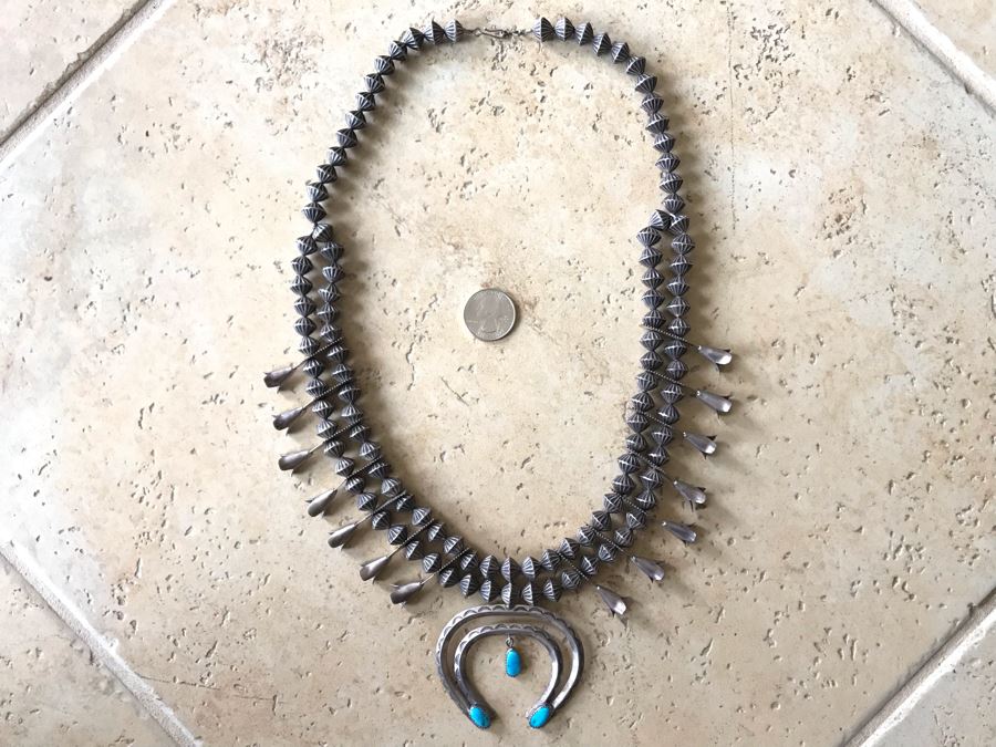 JUST ADDED - Signed Native American Squash Blossom Necklace With Turquoise By J. Jameson 145g [Photo 4]