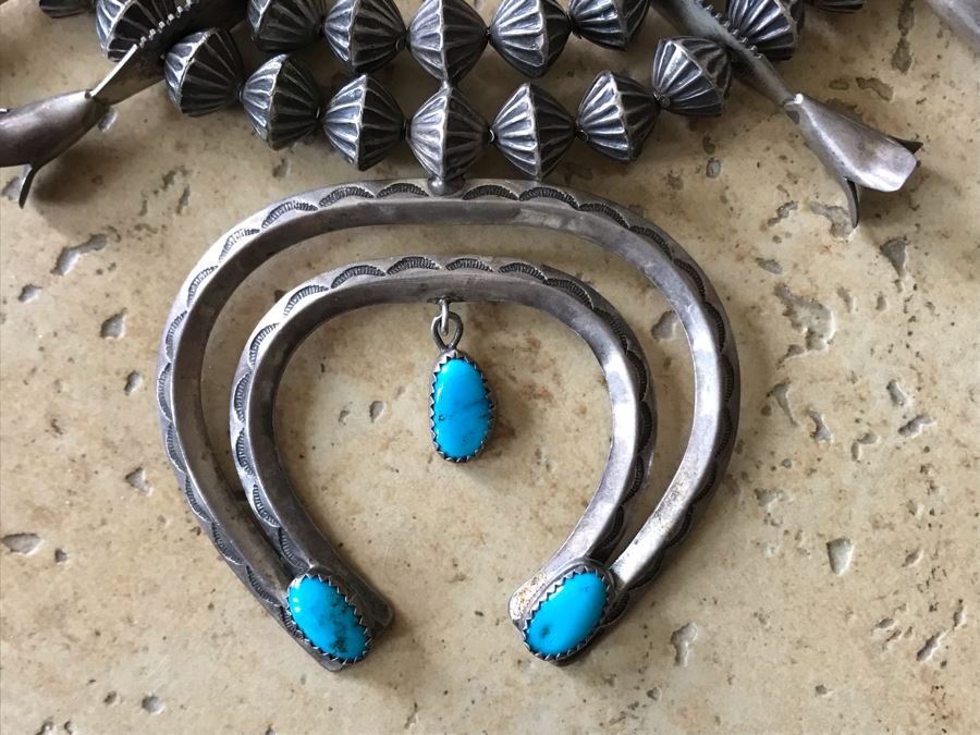 JUST ADDED - Signed Native American Squash Blossom Necklace With Turquoise By J. Jameson 145g [Photo 2]