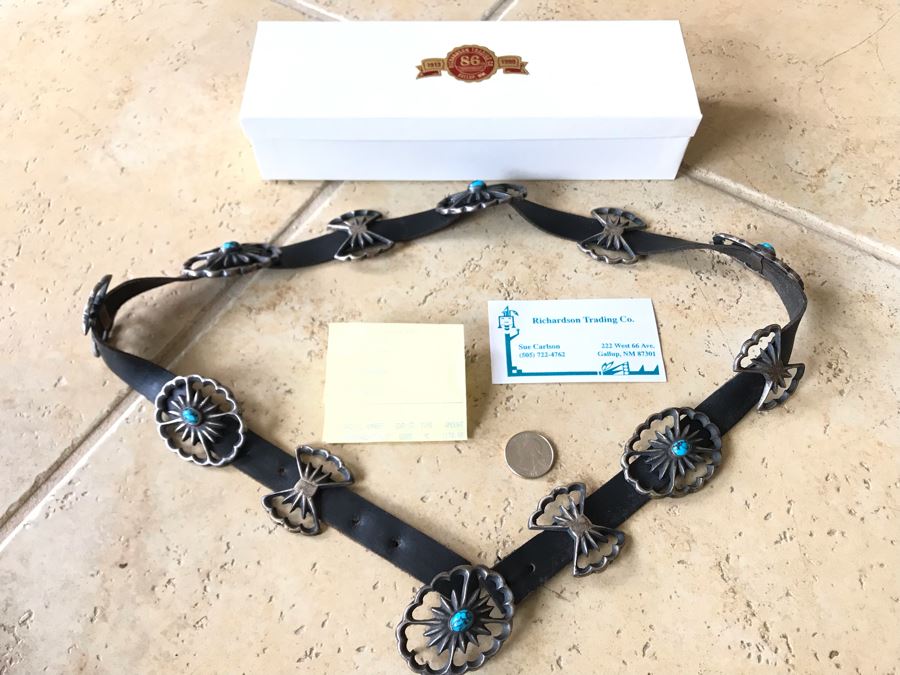 JUST ADDED - Native American Turquoise Silver Concho Belt Purchased From Richardson Trading Co Gallup, NM In 2005 Entire Belt With Leather Weighs 268g