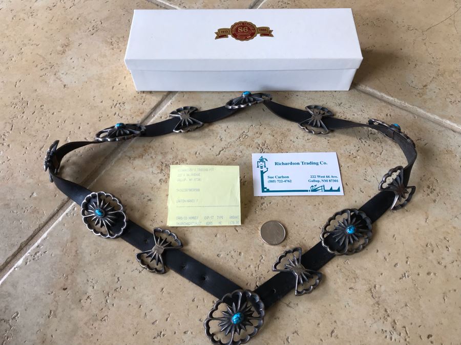 JUST ADDED - Native American Turquoise Silver Concho Belt Purchased From Richardson Trading Co Gallup, NM In 2005 Entire Belt With Leather Weighs 268g [Photo 2]