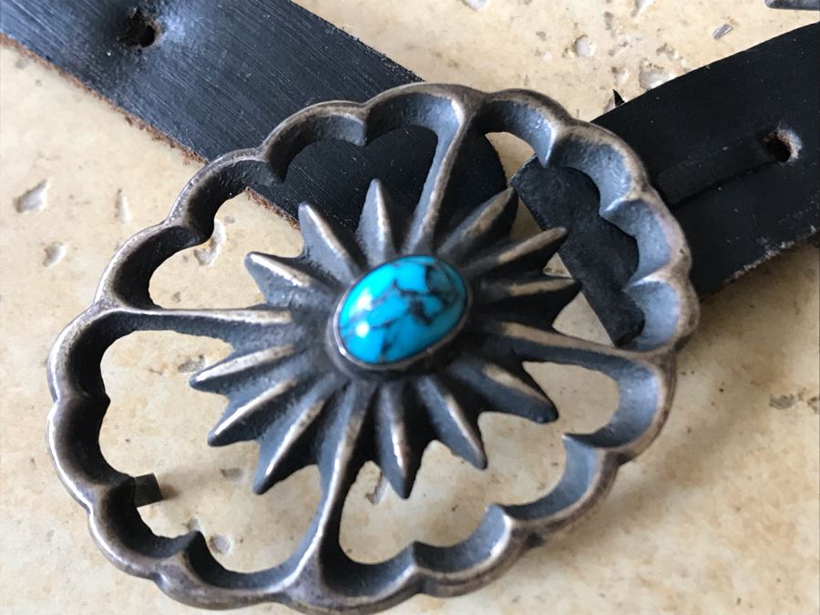 JUST ADDED - Native American Turquoise Silver Concho Belt Purchased From Richardson Trading Co Gallup, NM In 2005 Entire Belt With Leather Weighs 268g [Photo 3]